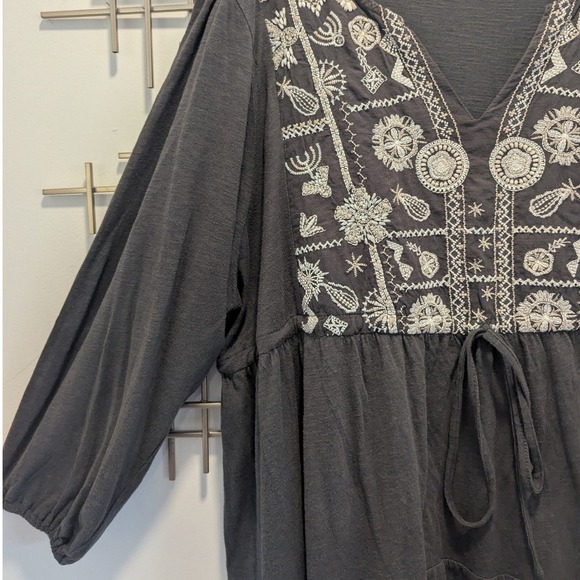 Lucky Brand Embroidered Tunic‎ Top Charcoal Gray Long Sleeve Tie Waist Women XXL - Picture 3 of 8
